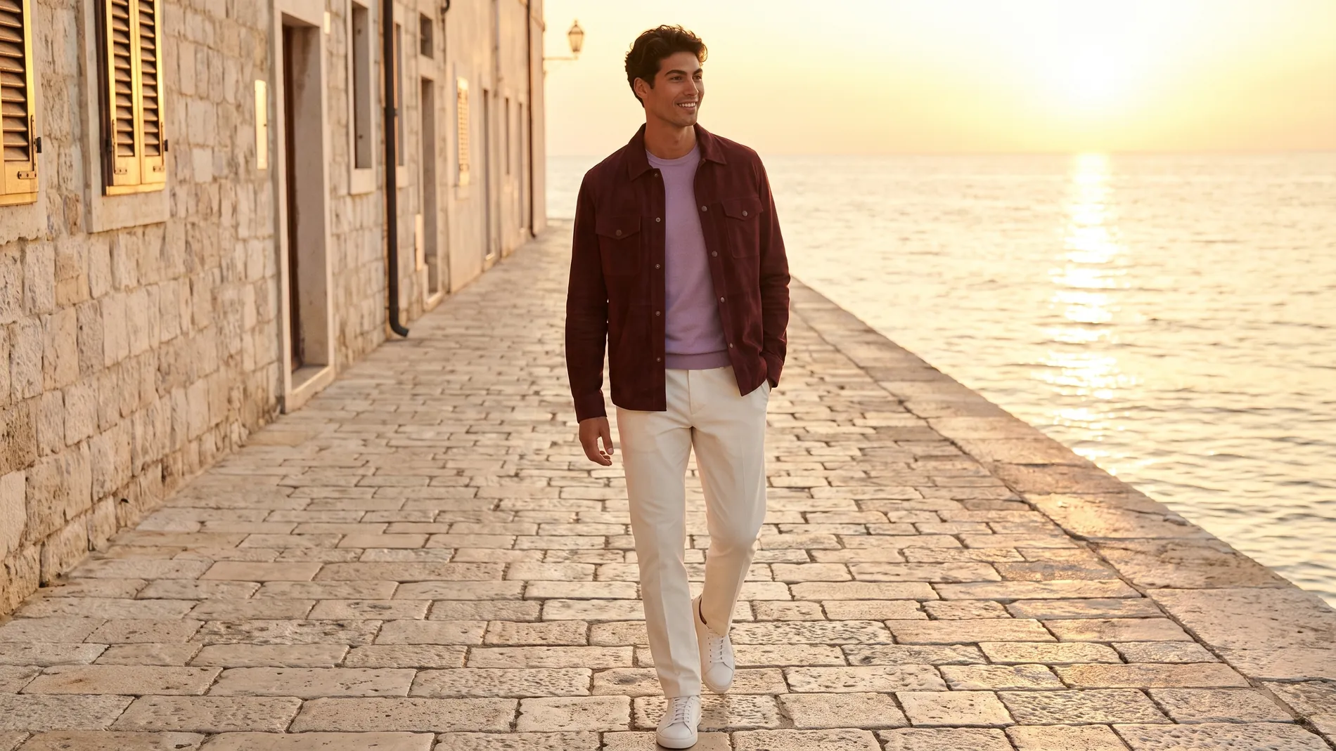 Man in a burgundy suede overshirt and ivory trousers on a stone seafront street