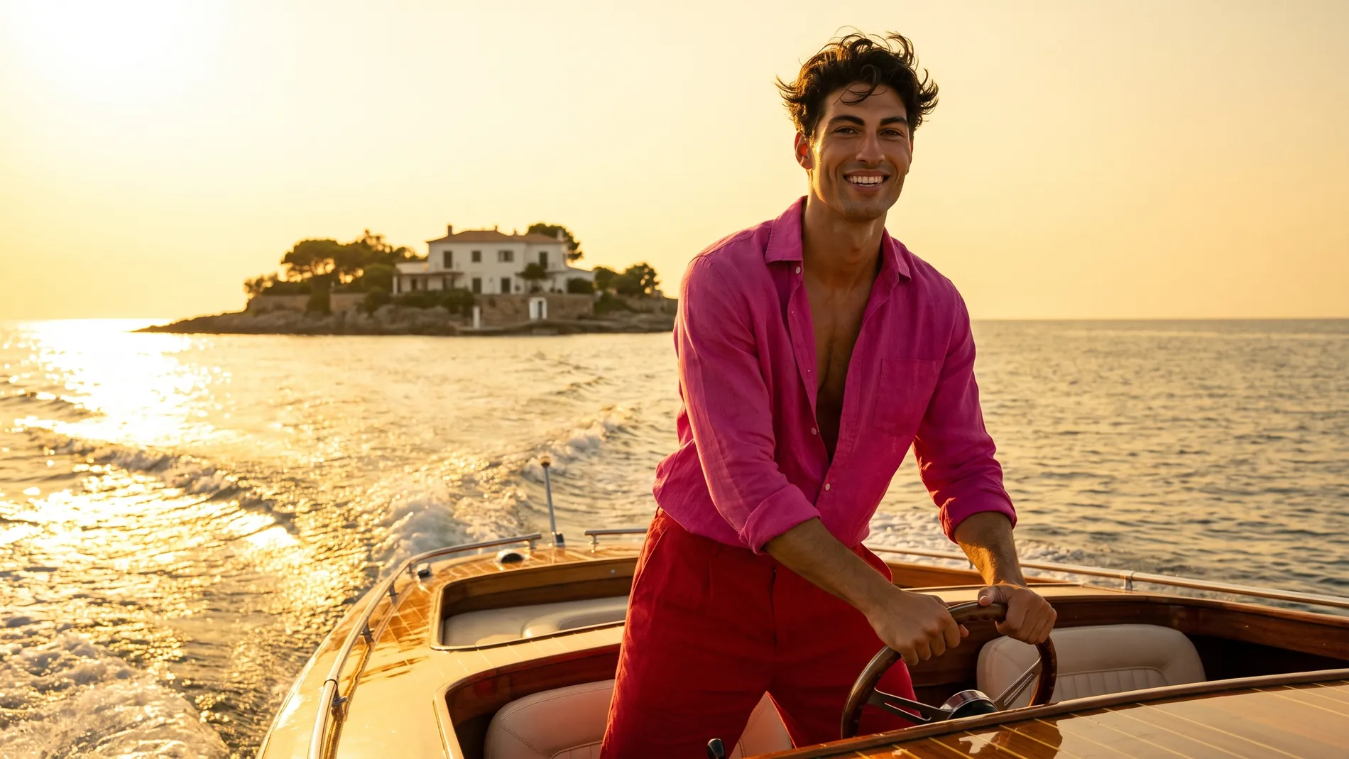 Man in a bougainvillea pink linen shirt and cherry red trousers at the wheel of a wooden speedboat