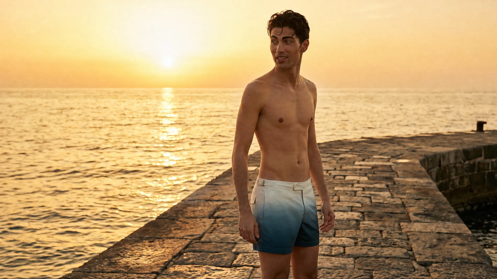 Man in 5-inch tailored swim shorts fading from white to petrol blue on a stone jetty