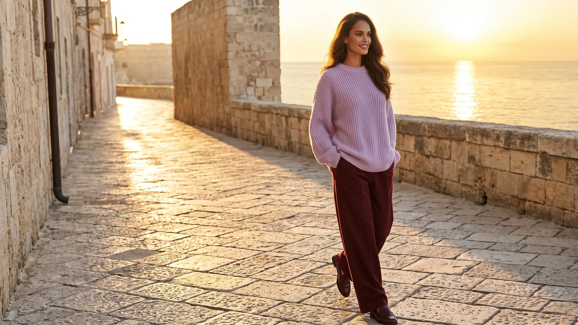 Woman in a lilac knit sweater and burgundy trousers on a stone seafront street
