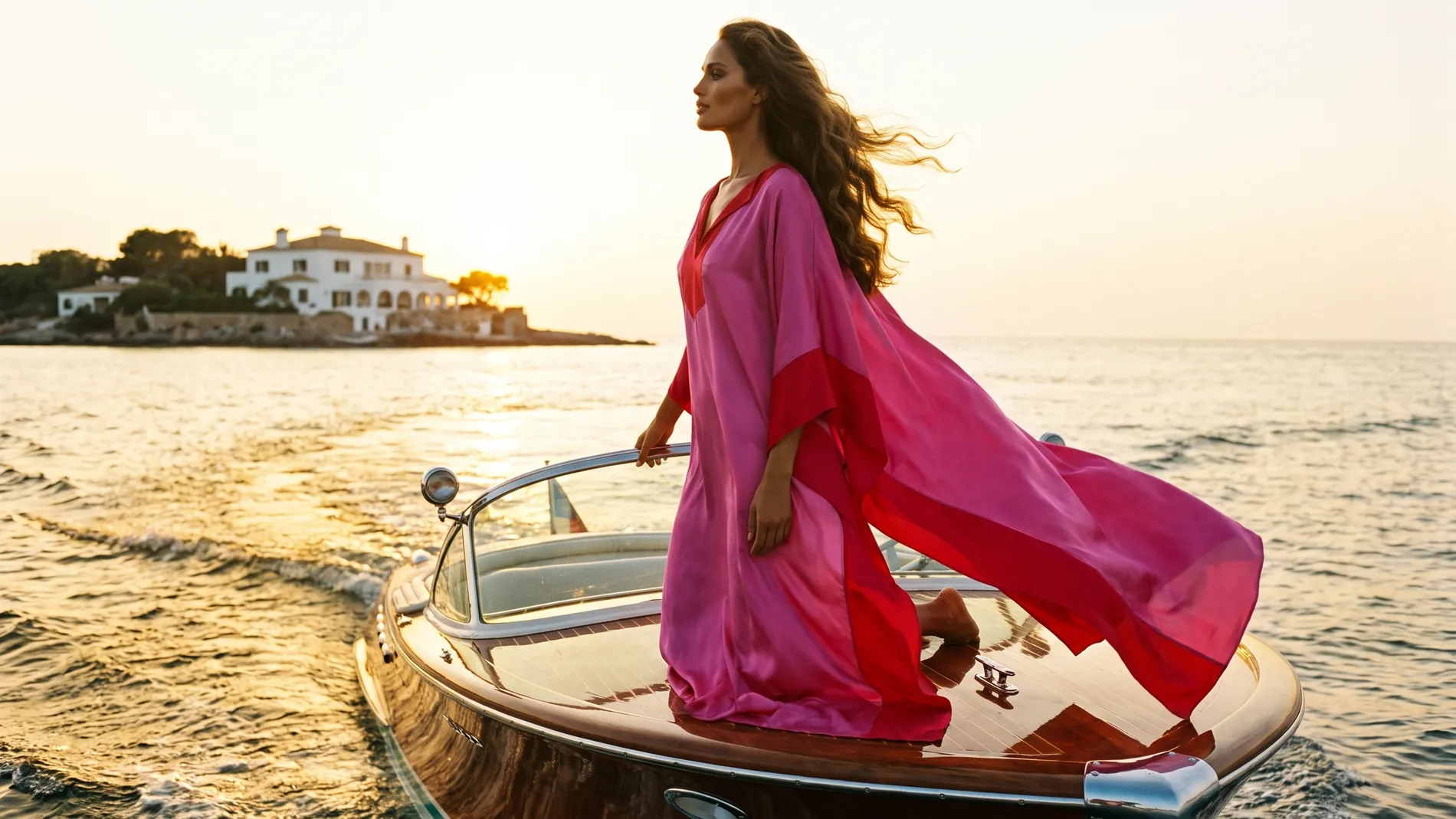Woman in a bougainvillea pink and cherry red silk kaftan at the bow of a wooden speedboat at golden hour